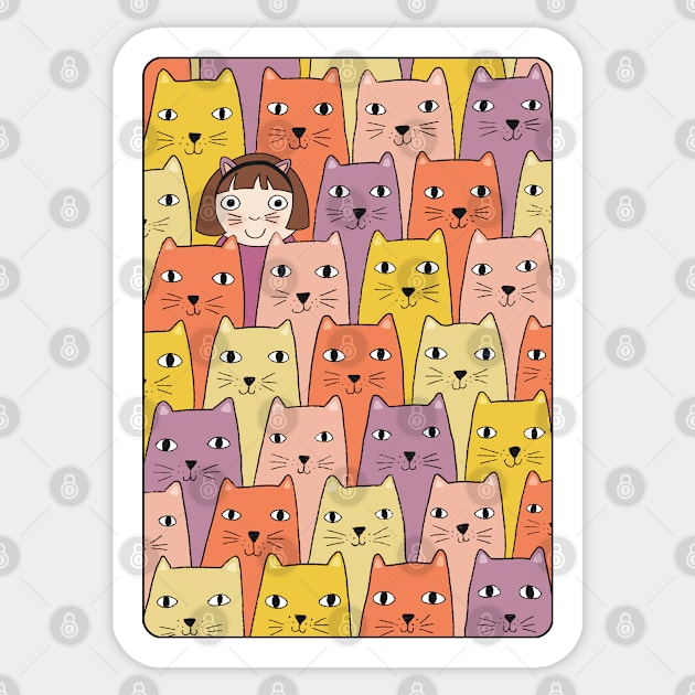 A Girl and Her Cats Sticker by Drawn to Cats